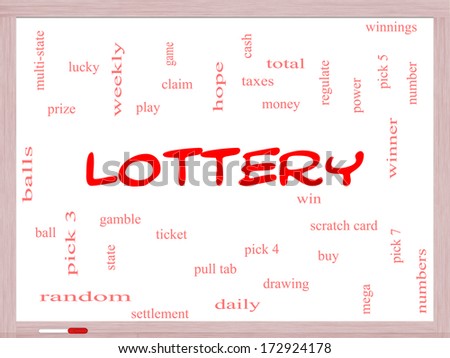 Lottery Word Cloud Concept on a Whiteboard with great terms such as play, win, tickets, numbers and more.