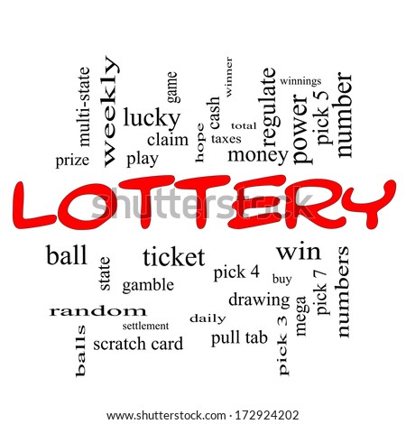 Lottery Word Cloud Concept in red caps with great terms such as play, win, tickets, numbers and more.