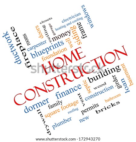 Home Construction Word Cloud Concept angled with great terms such as new, building, permits, money and more.