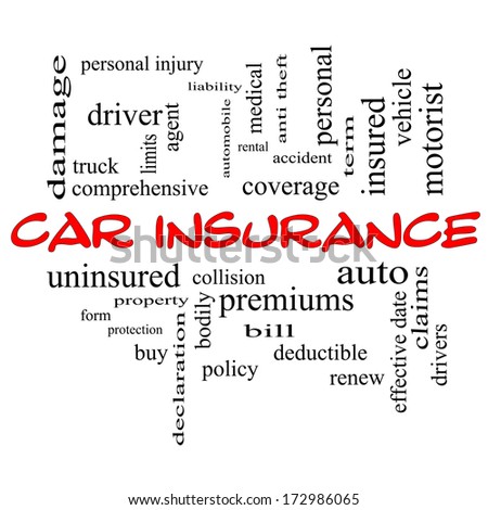 Car Insurance Word Cloud Concept in red caps with great terms such as auto, claims, coverage, bill and more.