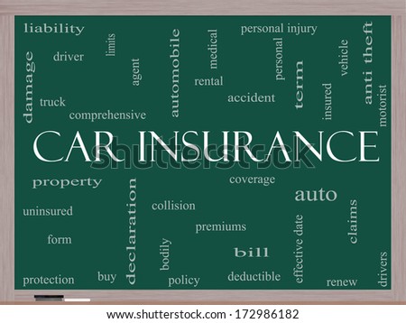 Car Insurance Word Cloud Concept on a Blackboard with great terms such as auto, claims, coverage, bill and more.