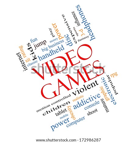 Video Games Word Cloud Concept Angled with great terms such as addictive, violent, children, play, rating, fun and more.