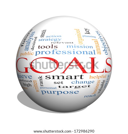 Goals 3D sphere Word Cloud Concept with great terms such as planning, missions, smart, set, high and more.