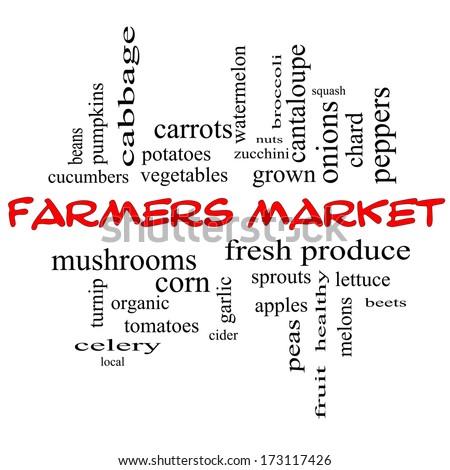 Farmers Market Word Cloud Concept in red caps with great terms such as fresh, produce, local and more.