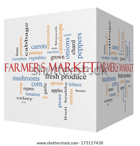 Farmers 3D cube Market Word Cloud Concept with great terms such as fresh, produce, local and more.