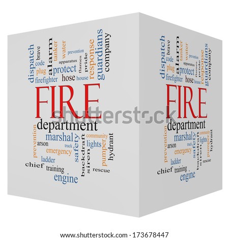 Fire Department 3D cube Word Cloud Concept with great terms such as engine, truck, hose and more.