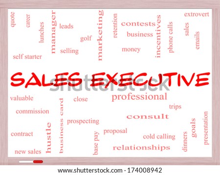 Sales Executive Word Cloud Concept on a Whiteboard with great terms such as quote, career, prospecting and more.