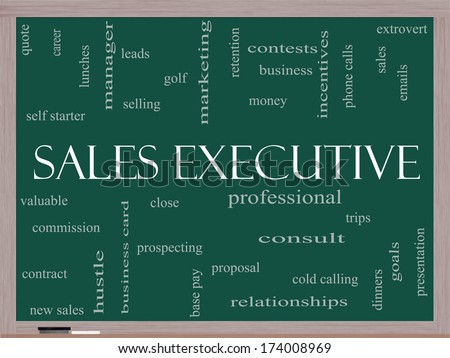 Sales Executive Word Cloud Concept on a Blackboard with great terms such as quote, career, prospecting and more.