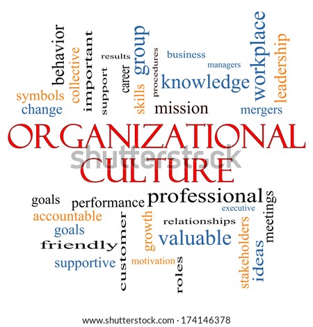 Organizational Culture Word Cloud Concept with great terms such as roles, executive, mergers, mission and more.