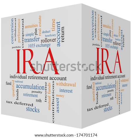 IRA 3D cube Word Cloud Concept with great terms such as individual, retirement, account, plan and more.