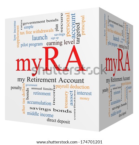 myRA 3D cube Word Cloud Concept with great terms such as my retirement account, government and more.