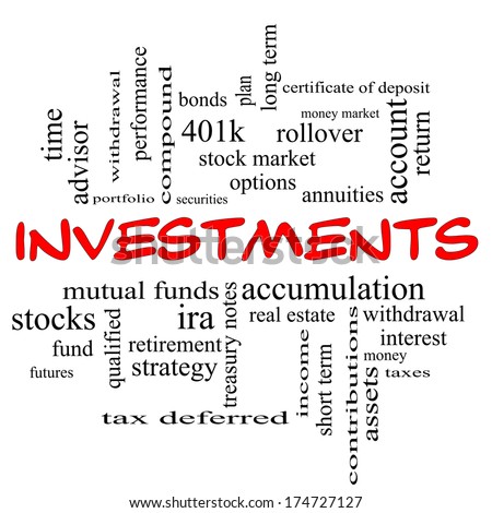 Investments Word Cloud Concept in red caps with great terms such as mutual funds, stocks, options and more.