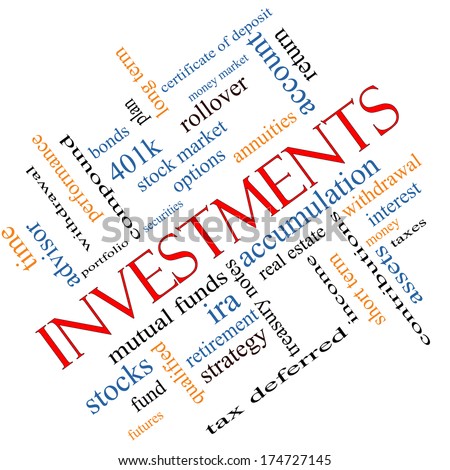 Investments Word Cloud Concept angled with great terms such as mutual funds, stocks, options and more.