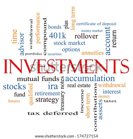 Investments Word Cloud Concept with great terms such as mutual funds, stocks, options and more.