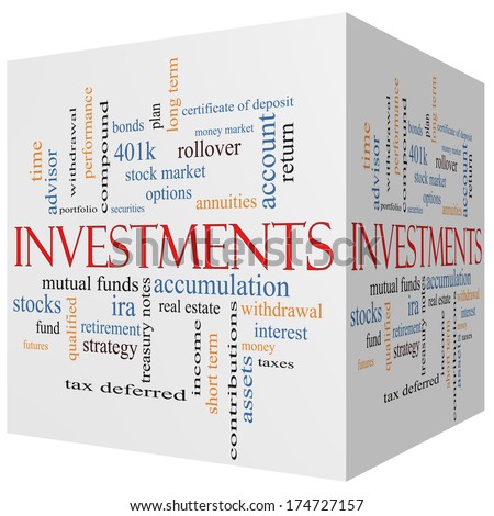 Investments 3D cube Word Cloud Concept with great terms such as mutual funds, stocks, options and more.