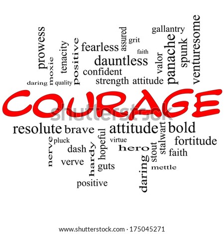 Courage Word Cloud Concept in red caps with great terms such as strength, gallantry, bold and more.