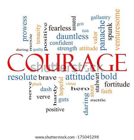 Courage Word Cloud Concept with great terms such as strength, gallantry, bold and more.