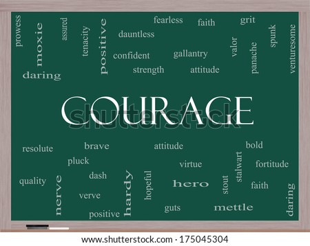 Courage Word Cloud Concept on a Blackboard with great terms such as strength, gallantry, bold and more.