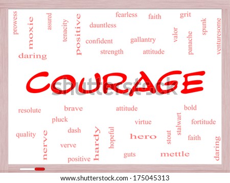 Courage Word Cloud Concept on a Whiteboard with great terms such as strength, gallantry, bold and more.