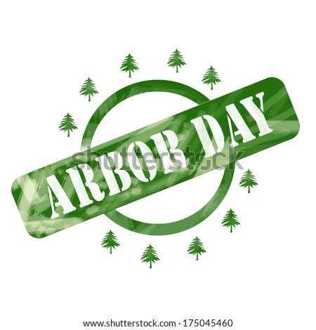 A green ink weathered roughed up circle and trees stamp design with the words ARBOR DAY on it making a great concept.