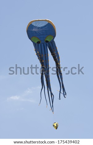 OSHKOSH, WI - JUNE 20:  A blue octopus kite fly high in the sky at the Kite Festival June 20, 2009 in Oshkosh, Wisconsin.