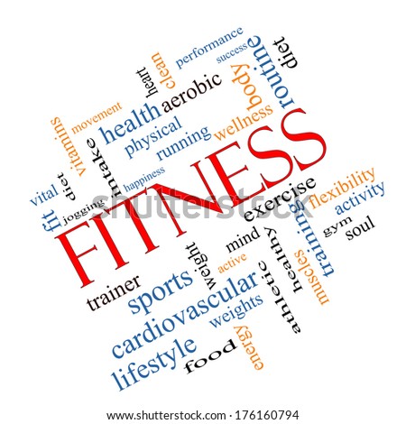 Fitness Word Cloud Concept angled with great terms such as wellness, exercise, gym and more.