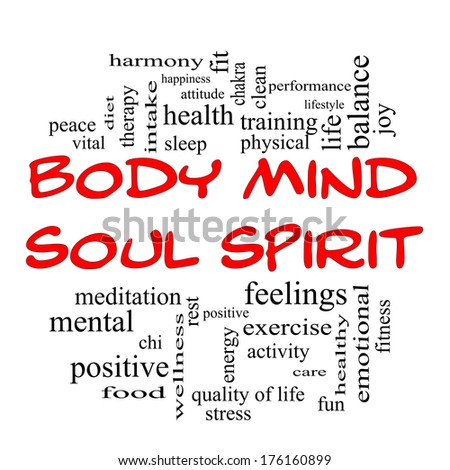 Body Mind Soul Spirit Word Cloud Concept in red caps with great terms such as harmony, life, sleep, fit and more.