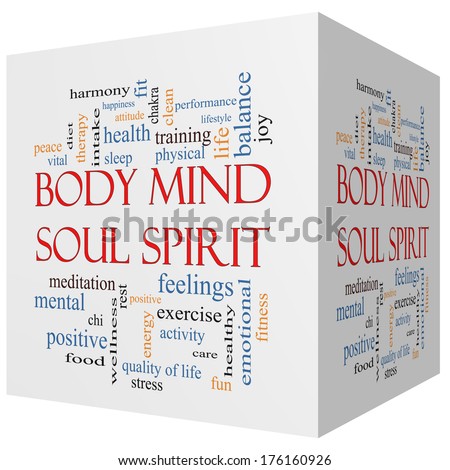 Body Mind Soul Spirit 3D cube Word Cloud Concept with great terms such as harmony, life, sleep, fit and more.