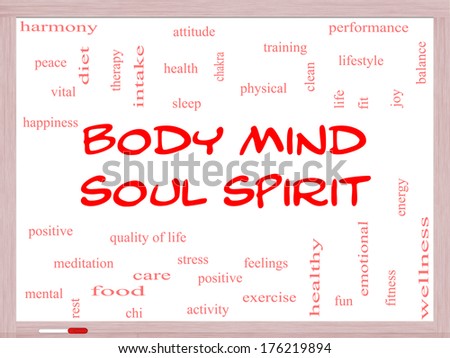 Body Mind Soul Spirit Word Cloud Concept on a Whiteboard with great terms such as harmony, life, sleep, fit and more.