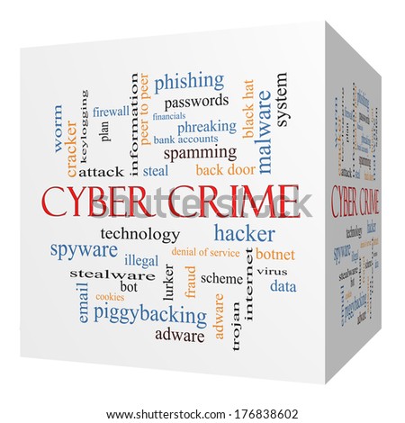 Cyber Crime 3D cube Word Cloud Concept with great terms such as hacker, malware, data and more.
