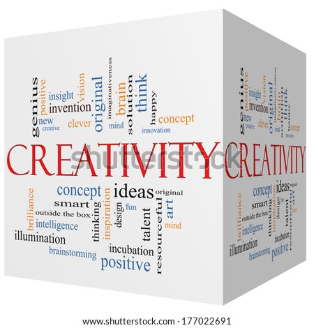 Creativity 3D cube Word Cloud Concept with great terms such as design, happy, innovation, fun, incubaton, ideas and more.