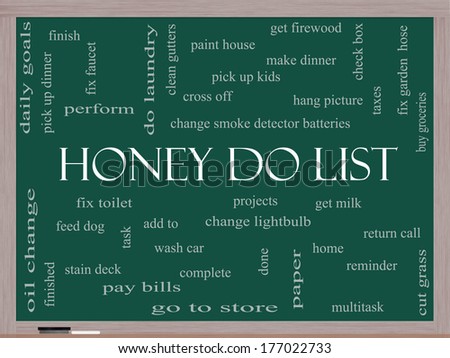 Honey Do List Word Cloud Concept on a Blackboard with great terms such as taxes, clean gutters, get milk and more.