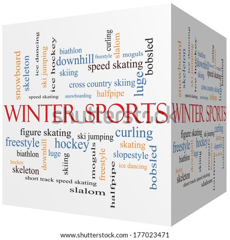 Winter Sports 3D cube Word Cloud Concept with great terms such as curling, skiing, snowboarding and more.