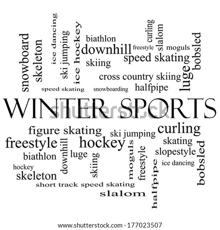Winter Sports Word Cloud Concept in black and white with great terms such as curling, skiing, snowboarding and more.