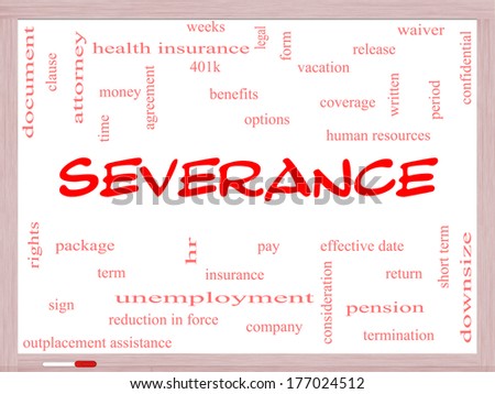 Severance Word Cloud Concept on a Whiteboard with great terms such as pay, package, hr, benefits and more.