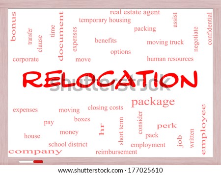 Relocation Word Cloud Concept on a Whiteboard with great terms such as package, moving, expenses and more.