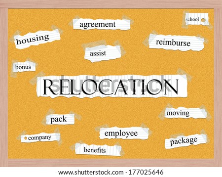 Relocation Corkboard Word Concept with great terms such as school, reimburse, assist and more.