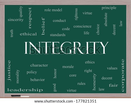 Integrity Word Cloud Concept on a Blackboard with great terms such as virtue, code, conduct and more.
