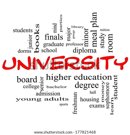 University Word Cloud Concept in red caps with great terms such as tuition, study, student, major and more.