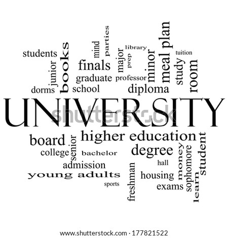University Word Cloud Concept in black and white with great terms such as tuition, study, student, major and more.