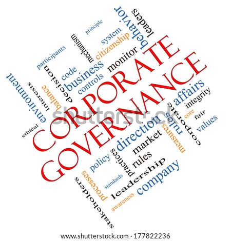 Corporate Governance Word Cloud Concept angled with great terms such as code, company, rules and more.