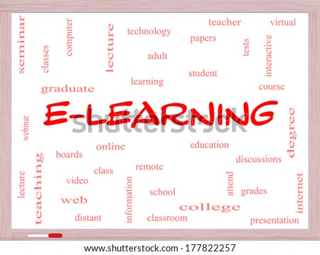 E-Learning Word Cloud Concept on a Whiteboard with great terms such as classes, online, eductiona and more.