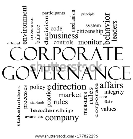 Corporate Governance Word Cloud Concept in black and white with great terms such as code, company, rules and more.