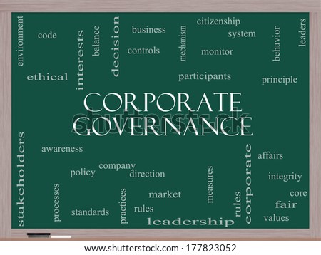 Corporate Governance Word Cloud Concept on a Blackboard with great terms such as code, company, rules and more.