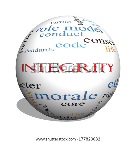 Integrity 3D sphere Word Cloud Concept with great terms such as virtue, code, conduct and more.