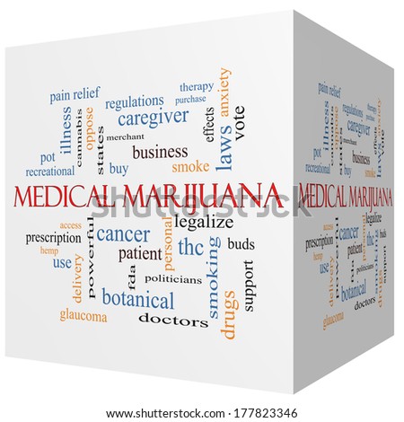 Medical Marijuana 3D cube Word Cloud Concept with great terms such as therapy, legalize, patient and more.