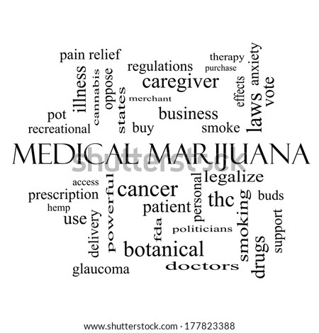 Medical Marijuana Word Cloud Concept in black and white with great terms such as therapy, legalize, patient and more.