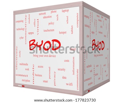 BYOD Word Cloud Concept on a 3D cube Whiteboard with great terms such as bring, your, own, device and more.