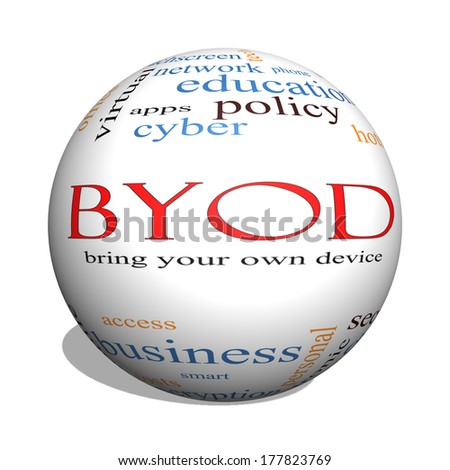 BYOD 3D sphere Word Cloud Concept with great terms such as bring, your, own, device and more.