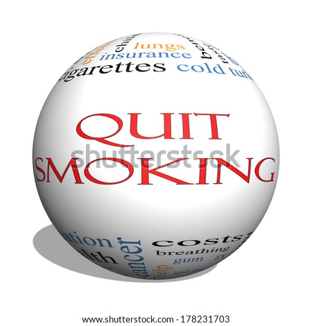 Quit Smoking Word Cloud Concept on a 3D sphere with great terms such as nicotine, cold turkey, quit date, patch and more.